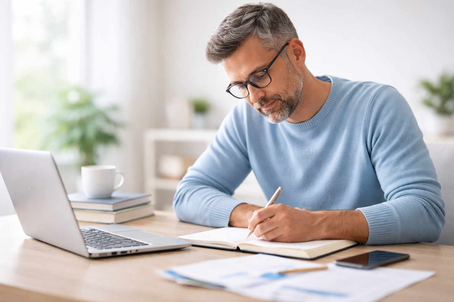 Home traballando autónomamente fronte a un portátil